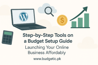 A visual guide to essential tools on a budget for online business setup, focusing on cost-effective website development and digital foundations.