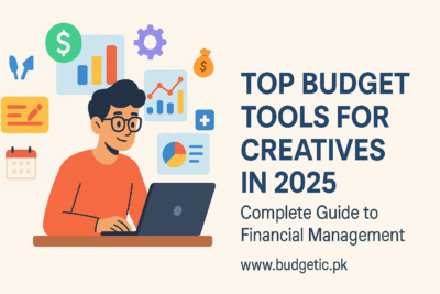 Creative professional using budget management tools and expense tracking software on a laptop with financial dashboards and charts